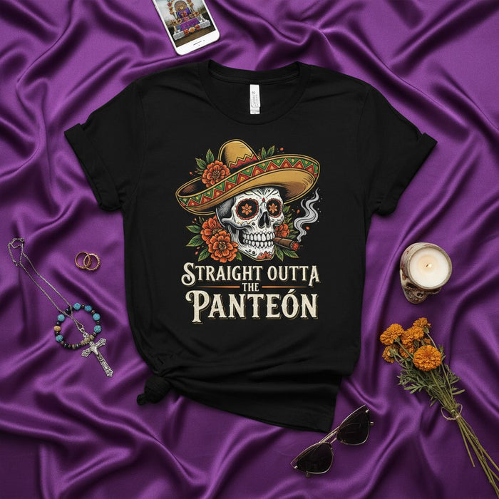 Straight Outta The Panteón Day of the Dead Sugar Skull with Sombrero and Cigar T-Shirt, Día de Muertos Calavera Graphic Tee, Traditional Mexican Holiday Unisex Shirt