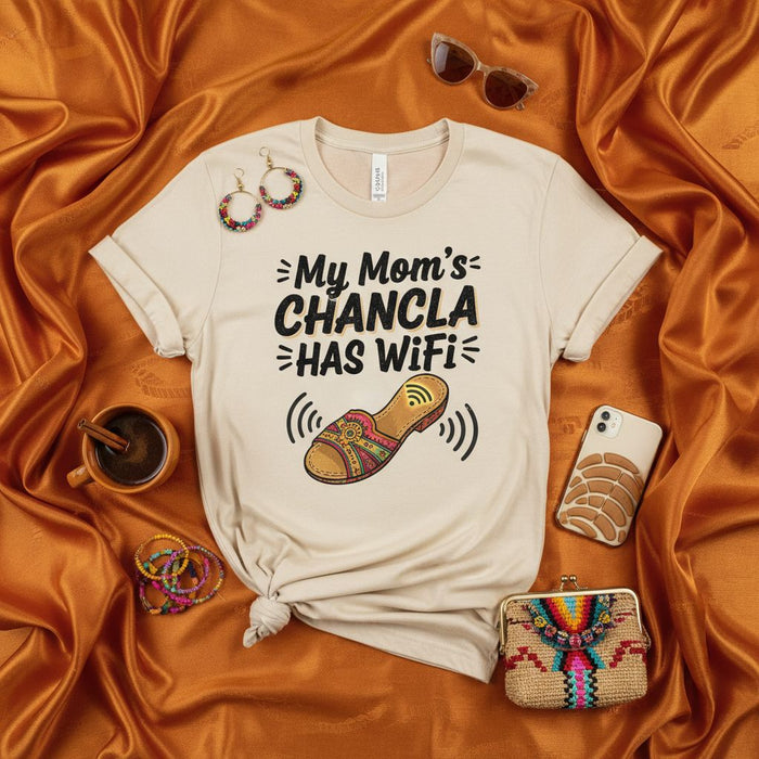 My Mom's Chancla Has Wifi T-Shirt Funny Latina Mom Meme Gift, Mexican Spanish Culture Humor Tee, Concha Phone Case Shirt, Wireless Slipper Design