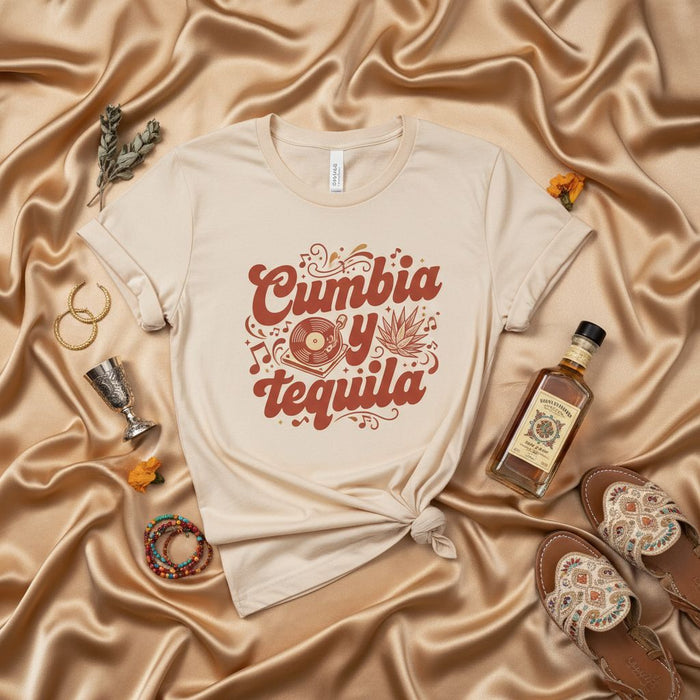 Cumbia y Tequila Shirt, Retro Groovy Cumbia Music Vinyl Record Tee, Fun Latin Dance Party Drinking T-Shirt, Fiesta Mexican Spanish Gifts