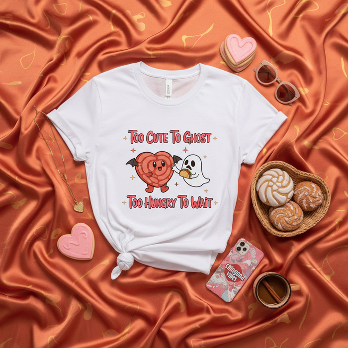 Too Cute To Ghost Too Hungry To Wait, Halloween Ghost Heart Holding Taco Shirt, Funny Fall Spooky Season Unisex T-Shirt, Cute Ghostie Kawaii Spooktober Graphic Tee