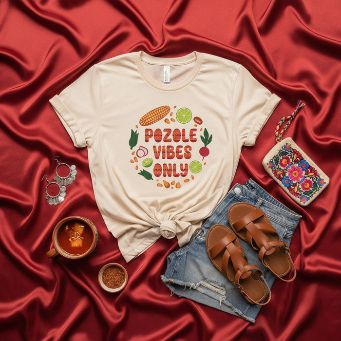 Pozole Vibes Only Shirt, Mexican Food Lover Tee, Corn Hominy Lime Radish Onion Graphic T-Shirt, Fiesta Celebration Top, Unisex Cute Gift for Chef Cook