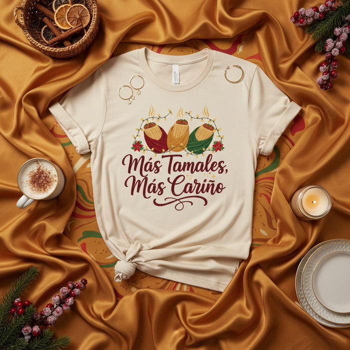 Más Tamales, Más Cariño Tamale Christmas Holiday Shirt, Unisex Funny Food T-Shirt, Mexican Fiesta, Cozy Winter Gift Top for Family and Friends