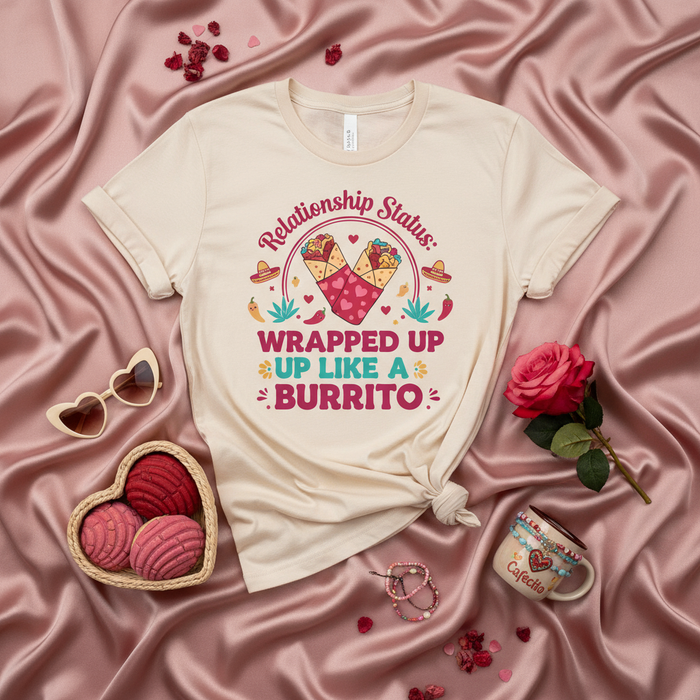 Relationship Status Wrapped Up Like A Burrito T-Shirt, Funny Valentine's Day Tee, Couples Matching Shirt, Cute Mexican Food Pun Gift, Unisex Softstyle Casual Wear