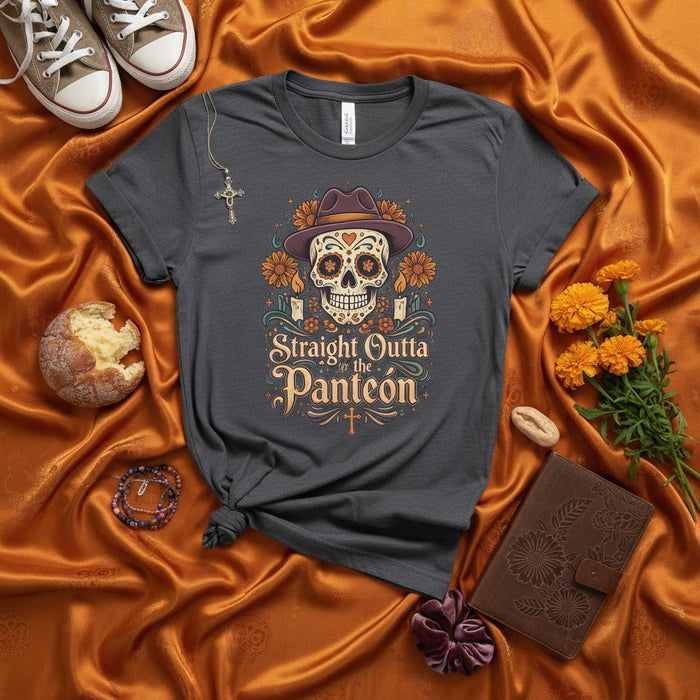 Straight Outta the Panteón Day of the Dead Sugar Skull Shirt, Unisex Dia de Muertos Calavera Tee with Sombrero and Marigolds, Halloween Costume Fiesta Gift for Men and Women
