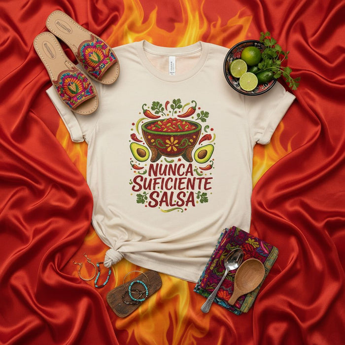 Nunca Suficiente Salsa T-Shirt Unisex: Funny Mexican Foodie Graphic Tee, Avocado Chili Pepper Design, Spanish Saying Shirt, Cinco de Mayo Apparel, Vibrant Fiesta Style.