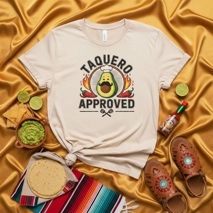 Taquero Approved Avocado Chef T-Shirt | Funny Taquero Gift for Taco Lovers & Mexican Food Fanatics | Unisex Graphic Tee with Chili Peppers & Sombrero Hat Design