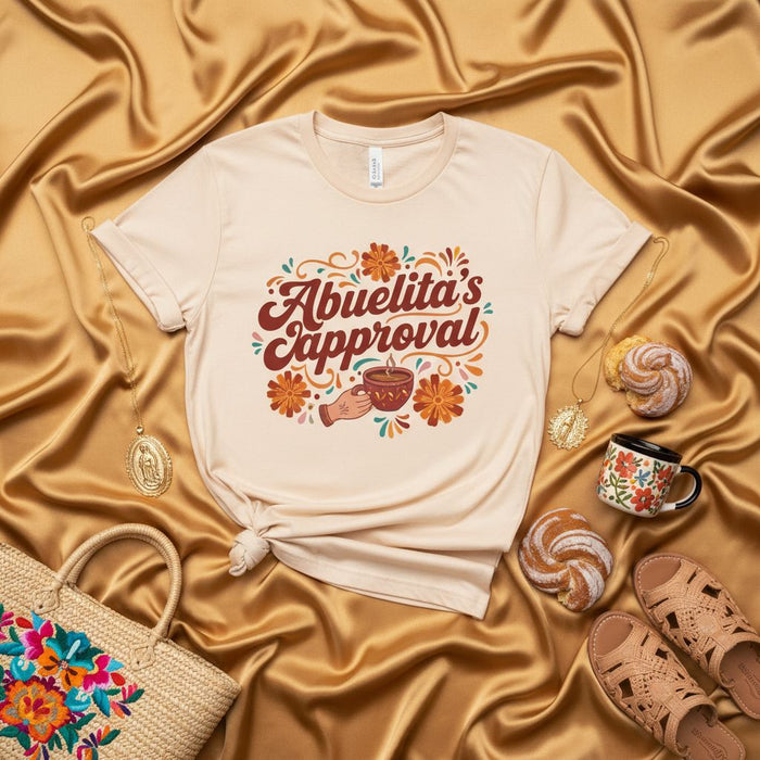 Abuelita's Approval T-Shirt, Cute Grandparent Gift, Spanish Grandma Tee, Latte Mug Flowers Graphic, Women's Unisex Hispanic Heritage Shirt