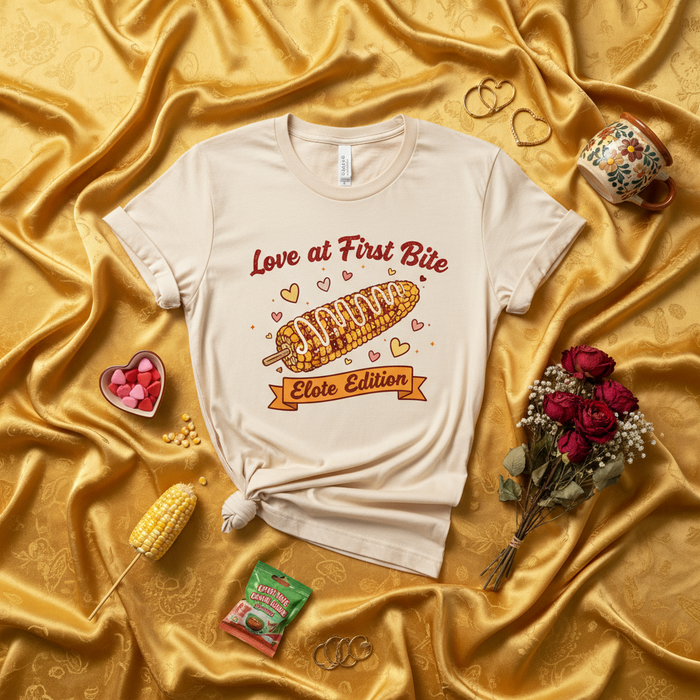 Love at First Bite Elote Edition T-Shirt, Unisex Graphic Tee with Mexican Street Corn Design, Food Lover Shirt, Funny Hispanic Culture Gift, Short Sleeve Crewneck Top.