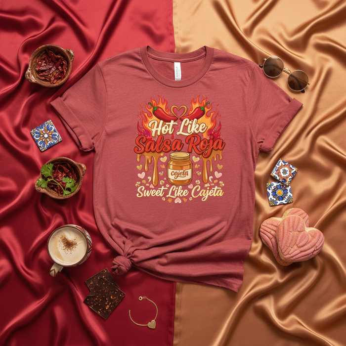 Maglietta Calda Come Salsa Roja Dolce Come Cajeta, Regalo Divertente Amante Cibo Messicano Piccante, Camicia Dolce Latinx Ispanico, Grafica Peperoncini Rossi Cuori Fuoco, Per Uomo E Donna, San Valentino Dia del Amor Y La Amistad