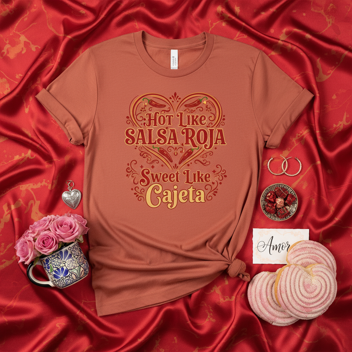 T-shirt Piccante Come Salsa Dolce Come Cajeta, Maglietta per Amanti Cibo Messicano, Maglia San Valentino Latina, Grafica Peperoncino Cuore, Abbigliamento Unisex Festa