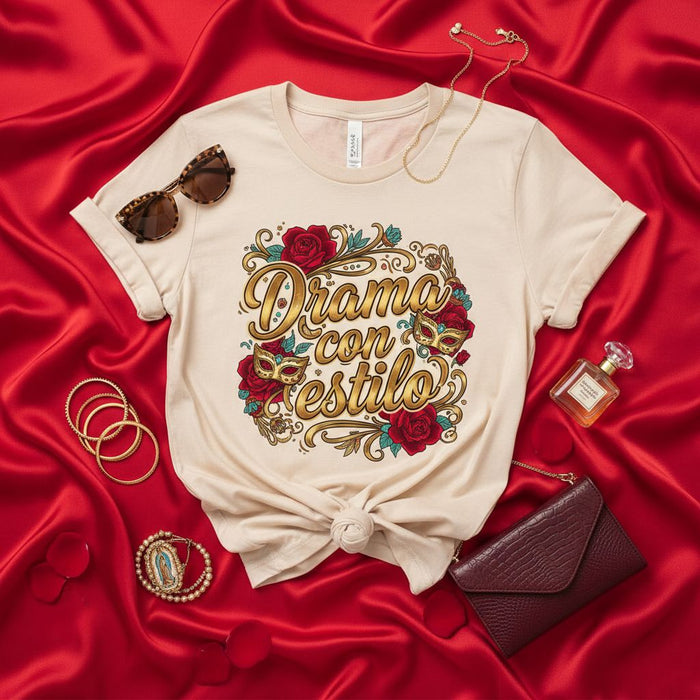 Camiseta Drama con Estilo, Diseño Mascarada de Rosas Rojas, Top con Cita Hispana Divertida, Regalo Estilo Femenino