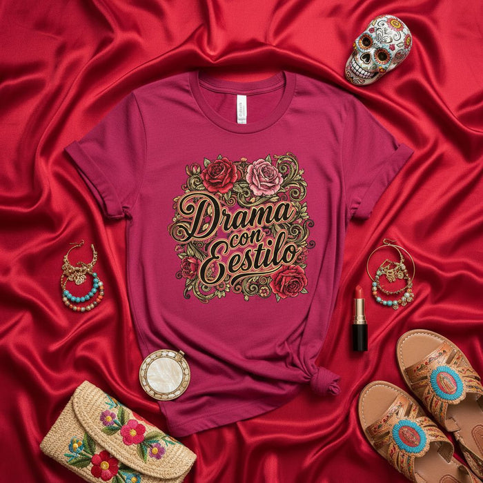 Drama con Estilo Shirt, Mexican Fiesta, Day of the Dead T-Shirt, Floral Roses Graphic Tee, Frida Kahlo Style, Dia de Muertos Sugar Skull Outfit, Latinx Gift, Cute Spanish Phrase Top, Boho Style Womens Tshirt
