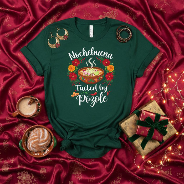 Nochebuena Fueled by Pozole Christmas Shirt, Festive Holiday Family Dinner T-Shirt, Mexican Food Christmas Eve Celebration Unisex Tee with Flowers and Pozole Bowl Graphic
