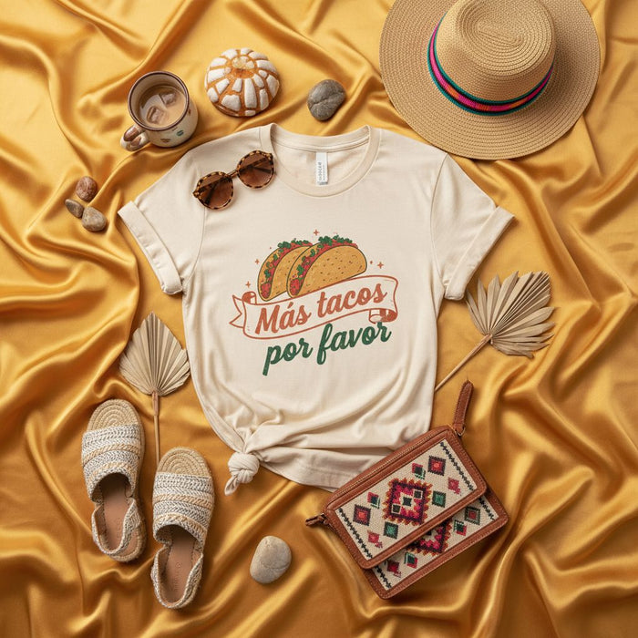 Più tacos per favore maglietta, divertente maglietta spagnola sui taco, maglietta da festa, regalo per amanti del cibo messicano, maglietta grafica unisex, abbigliamento Cinco de Mayo, maglietta da vacanza per buongustai, top Taco Tuesday