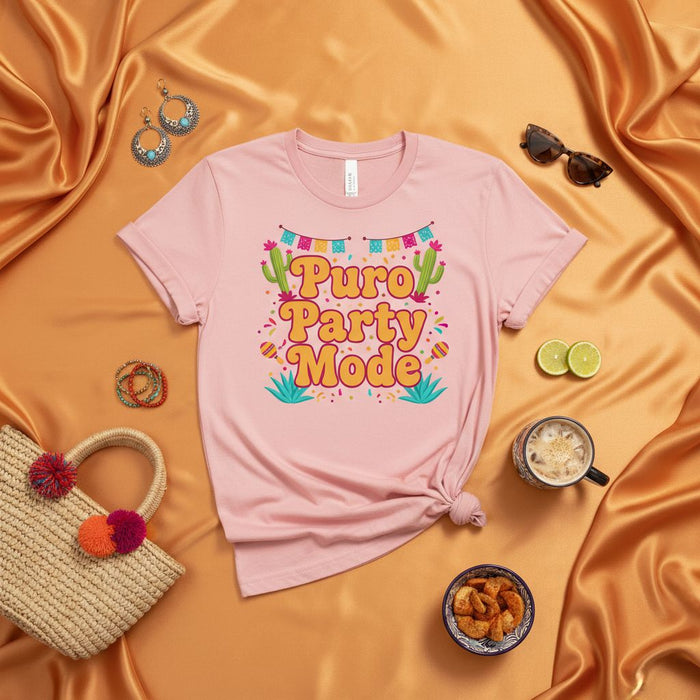 Puro Party Mode T-Shirt, Fiesta Shirt, Cinco de Mayo, Funny Mexican Celebration Tee, Cactus Garlands, Cute Women's Unisex Hispanic Cultural Event Top, Spring Break Vacation Outfit