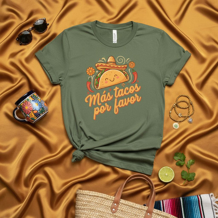 Más Tacos Por Favor Shirt, Cute Smiling Taco with Sombrero and Chili Peppers, Unisex Graphic Tee, Food Lover Gift, Funny Mexican Food Apparel