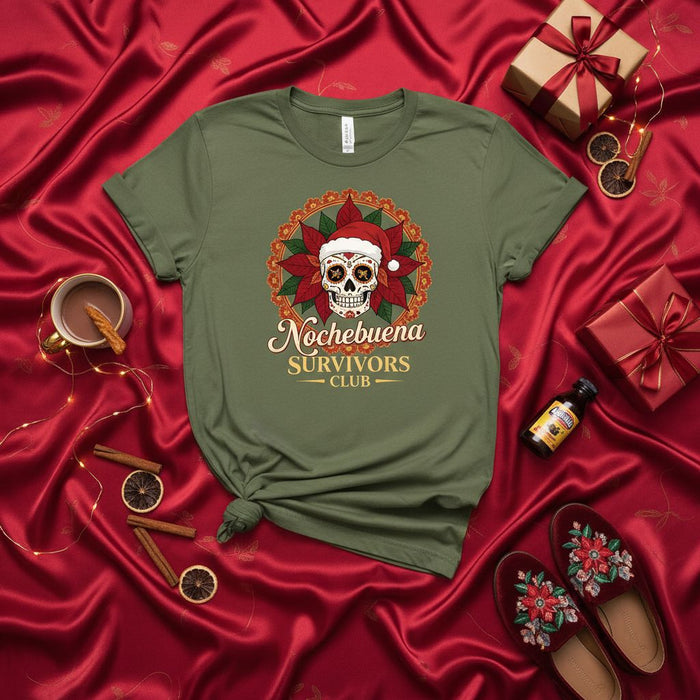 Nochebuena Survivors Club Sugar Skull T-Shirt with Santa Hat and Poinsettias - Funny Christmas Day of the Dead Holiday Tee for Men and Women