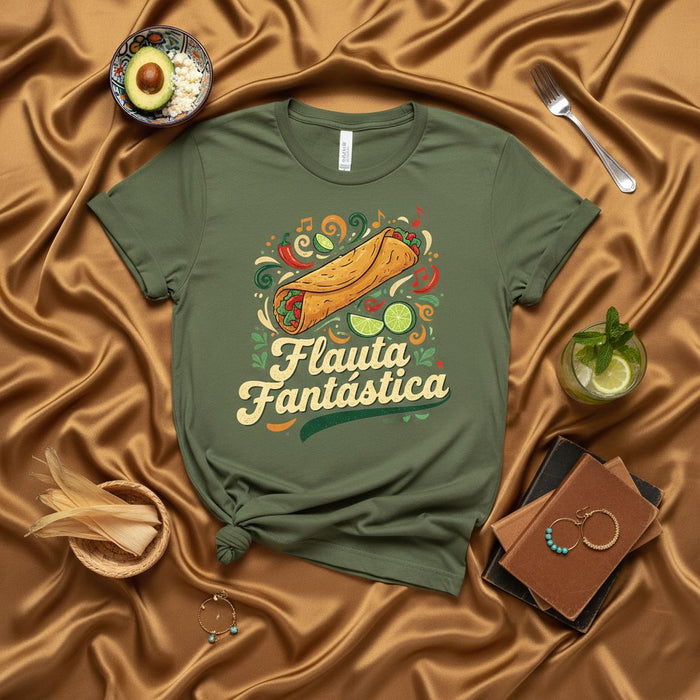Flauta Fantástica T-Shirt, Delicious Mexican Food Graphic Tee, Flauta Rolled Taco Design, Spanish Wordplay Shirt, Unisex Flautas Lover Gift T-Shirt, Spicy Chili Peppers and Lime Design, Fun Foodie Apparel