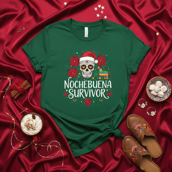 Nochebuena Survivor Sugar Skull Christmas T-Shirt, Funny Poinsettia Day of the Dead Holiday Tee, Unisex Mexican Fiesta Celebration Shirt with Santa Hat & Piñata Graphic