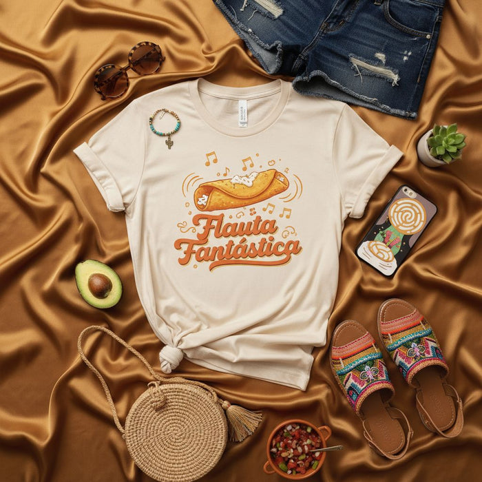 Flauta Fantástica T-Shirt, Retro Groovy Mexican Food Flauta Taco Design Tee, Unisex Summer Vacation Casual Shirt, Spanish Phrase Graphic Apparel