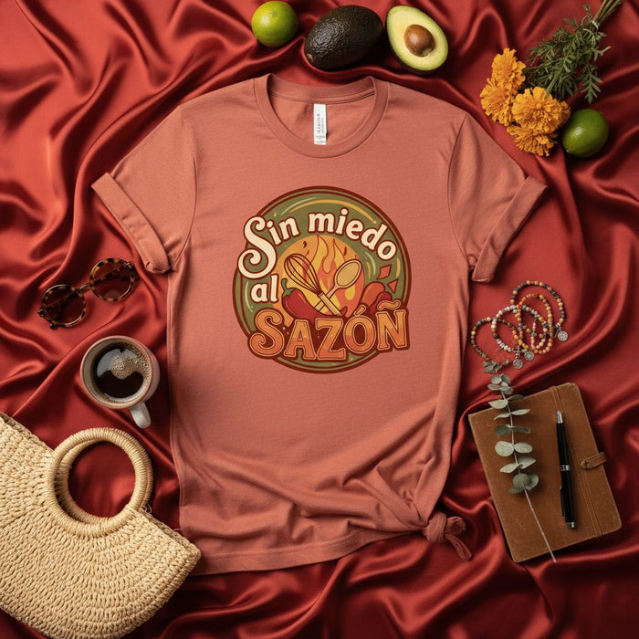 Sin miedo al Sazón T-Shirt, Spicy Spanish Cooking Shirt, Fearless Flavor Tee, Foodie Gift, Latino Chef Apparel, Mexican Cuisine Love, Unisex Graphic T-Shirt