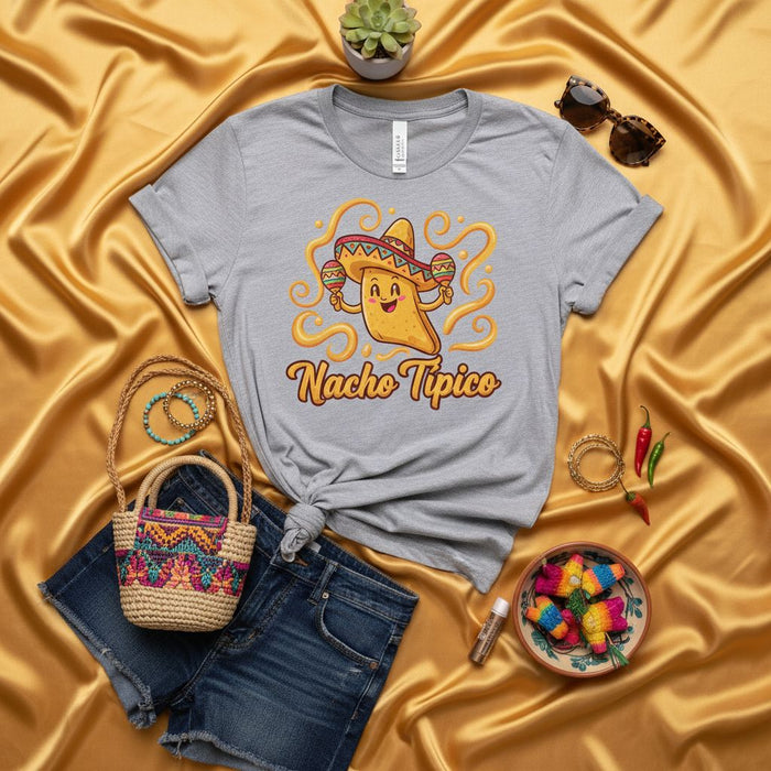 Nacho Típico Funny Taco Nacho Chip Sombrero Maracas Graphic T-Shirt Cinco de Mayo Fiesta Mexican Food Pun Tee Unisex Gray Short Sleeve Shirt
