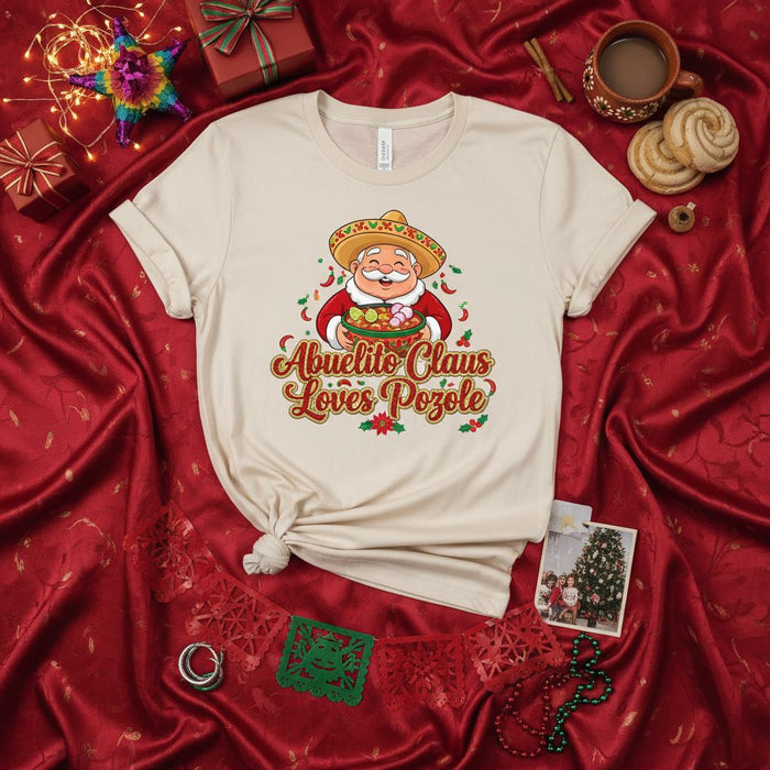 Abuelito Claus Loves Pozole Unisex T-Shirt - Funny Mexican Christmas Holiday Fiesta Tee with Sombrero Santa and Chili Peppers - Latino Family Gift for Pozole Lovers