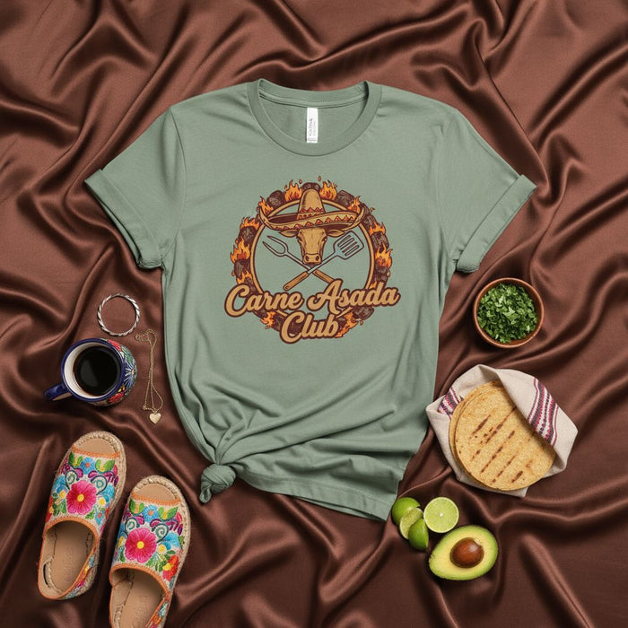 Carne Asada Club T-Shirt, Mexican BBQ Grill Master Tee, Sombrero Bull Skull Fire Graphic, Unisex for Cookouts Fiestas & Taquizas, Foodie Gift Idea