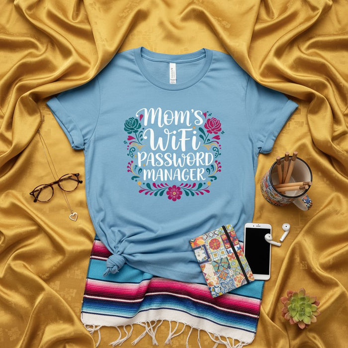 Mom's WiFi Password Manager Shirt, Funny Mother's Day Gift, Cute Floral Mom T-Shirt, Mother's Birthday Present, Women's Novelty Tee, Motherhood Humor, Mom Life Apparel, Blue Short Sleeve Top for Her