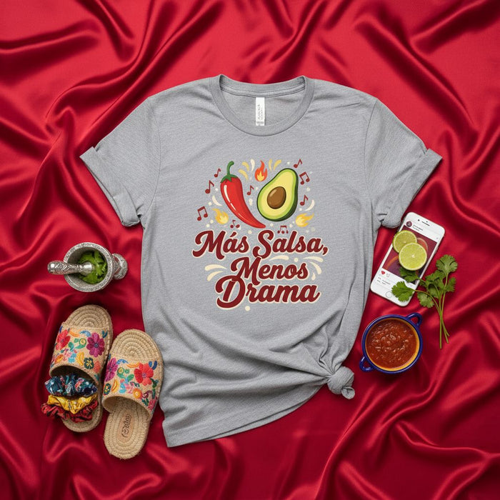 Más Salsa, Menos Drama T-Shirt, Funny Mexican Food Lover Tee with Chili Pepper and Avocado Graphic, Spanish Quote Fiesta Shirt, Unisex