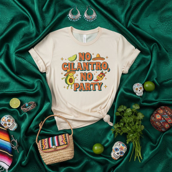 No Cilantro No Party Shirt, Funny Avocado Fiesta T-Shirt, Cinco de Mayo Mexican Foodie Tee, Sombrero Pepper Lime Graphic Top, Unisex Softstyle Casual Wear
