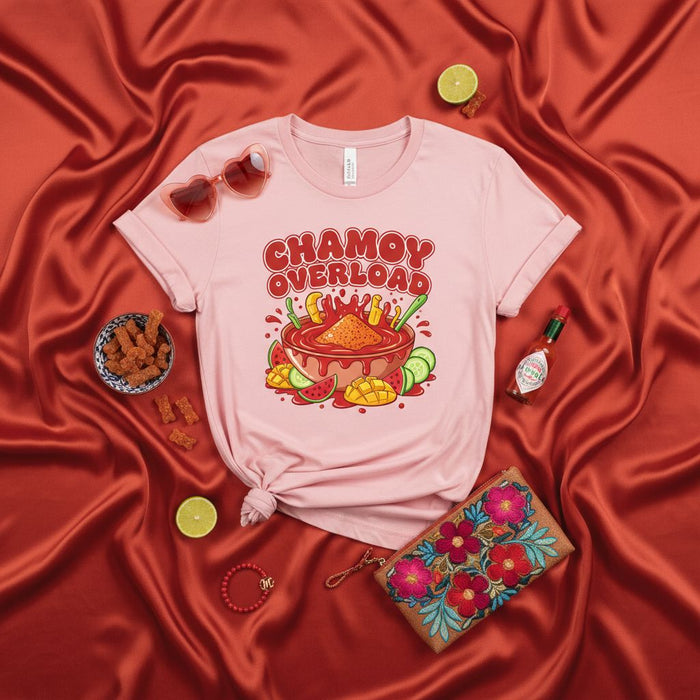 Chamoy Overload T-Shirt with Fruit, Spicy Candy, and Mexican Candy Sauce Design, Pink Unisex Tee for Chamoy Lovers and Hispanic Food Enthusiasts