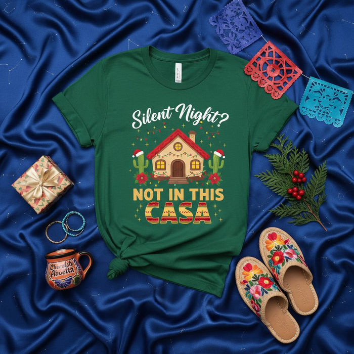 Silent Night? Not In This Casa Funny Christmas Shirt, Festive Holiday Family T-Shirt with Spanish Text, Xmas House & Cactus Graphic Tee, Unisex Green Holiday Party Top for Men and Women