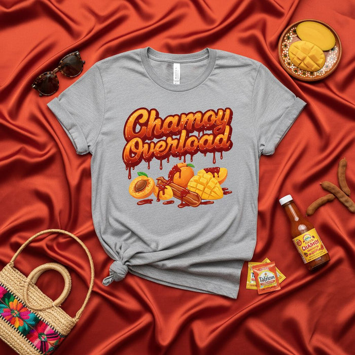 Chamoy Overload T-Shirt with Mango, Apricot, and Chamoy Sauce Design, Spicy Sweet Mexican Candy and Fruit Inspired Graphic Tee, Unisex Top for Foodies and Culture Lovers