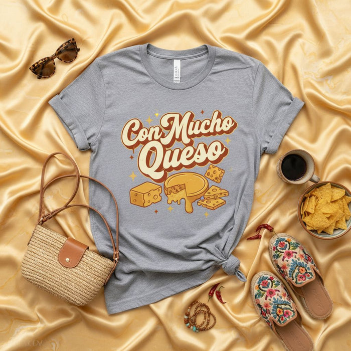 Con Mucho Queso T-Shirt, Funny Cheese Lover Graphic Tee, Spanish Foodie Shirt, Retro Dairy Snack Gift, Unisex Top for Nacho Fans