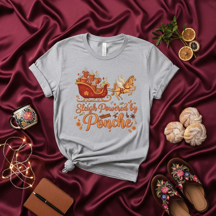 Sleigh Powered by Ponche Christmas T-Shirt, Hot Fruit Punch Holiday Tee, Festive Mexican Drink Graphic Shirt, Unisex Winter Beverage Apparel, Fall Leaves and Cinnamon Stick Design
