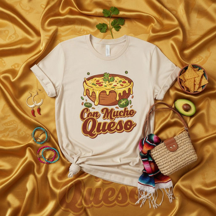 Con Mucho Queso T-Shirt, Spicy Chili Con Queso Dip Tee, Mexican Food Lover Gift, Fiesta Apparel, Funny Nacho Cheese Graphic Shirt, Jalapeño Bowl Design, Unisex.