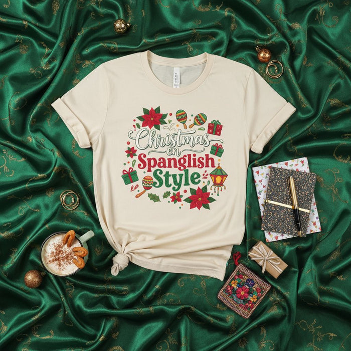 Christmas in Spanglish Style T-Shirt, Funny Holiday Shirt, Latino Christmas Gift, Poinsettia Maracas Present Tee, Festive Bilingual Merry Christmas Apparel
