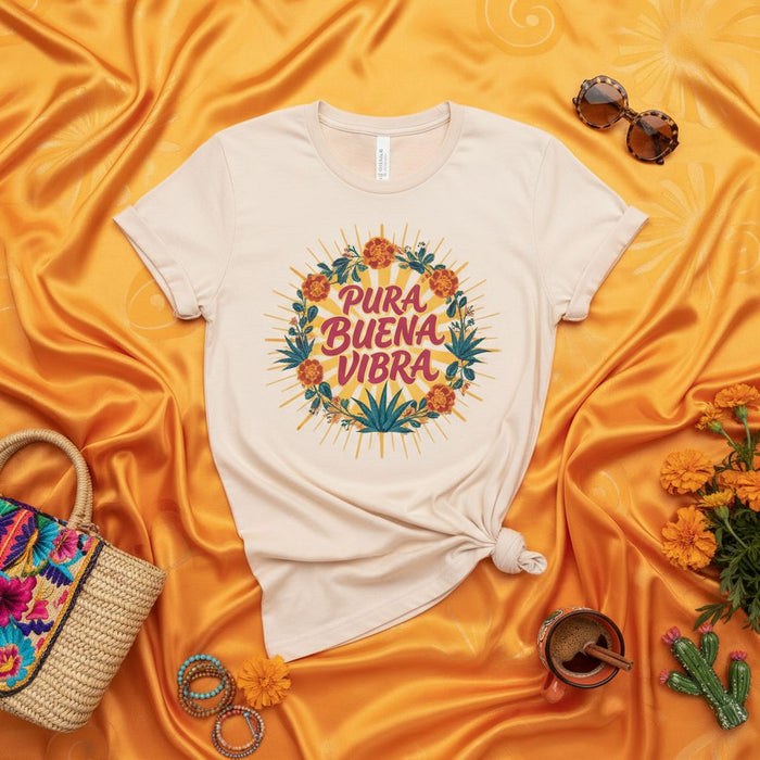 Pura Buena Vibra T-Shirt, Good Vibes Only Tee, Floral Marigold Graphic Shirt, Positive Message Shirt, Boho Style Unisex Latinx Apparel