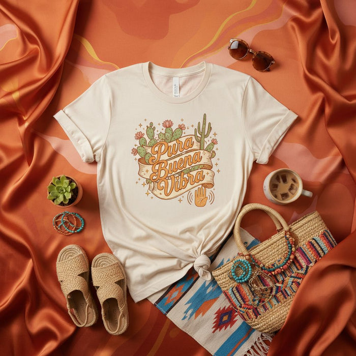 Pura Buena Vibra T-Shirt, Desert Cactus Graphic Tee, Western Good Vibes Shirt, Boho Unisex Spring Summer Apparel, South Western Aesthetic Clothing