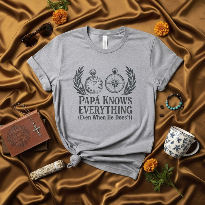 PAPÁ KNOWS EVERYTHING (Even When He Doesn't) Shirt, Funny Spanish Dad T-Shirt, Father's Day Gift Tee, Papa Pocket Watch and Compass Graphic Top, Unisex Jersey Short Sleeve T-Shirt