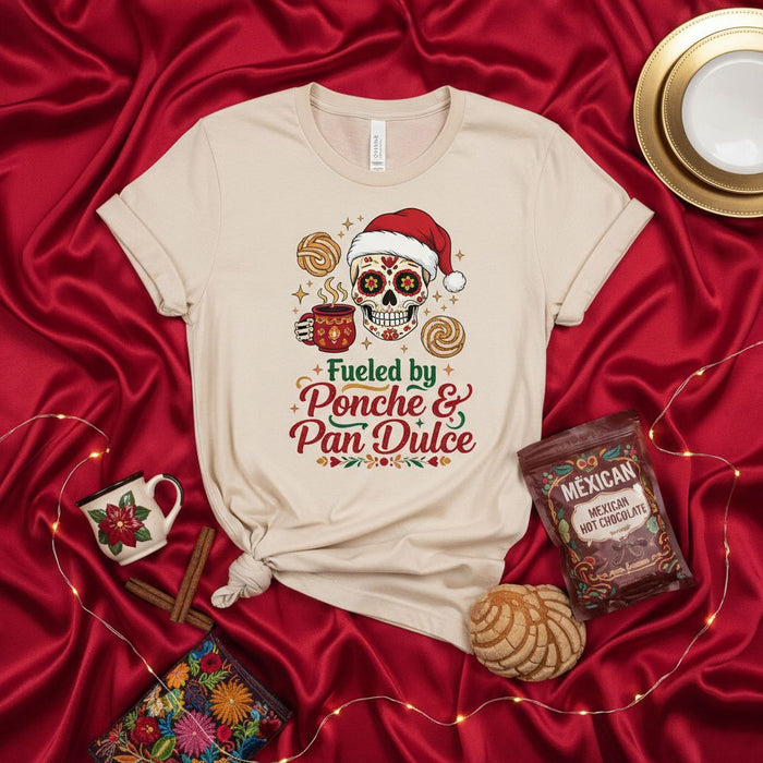 Maglietta Teschio di Zucchero con Ponche e Pan Dulce, Maglia Calda Messicana Cioccolata Giorno dei Morti Natale, Calavera con Cappello di Babbo Natale
