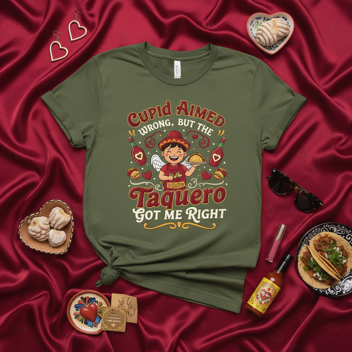 Cupid Aimed Wrong But The Taquero Got Me Right Shirt, Funny Taquero Valentine's Day T-Shirt, Foodie Cupid Heart Taco Lover Gift, Mexican Food Humor Taquería Tee, Unisex Taquero Graphic Shirt