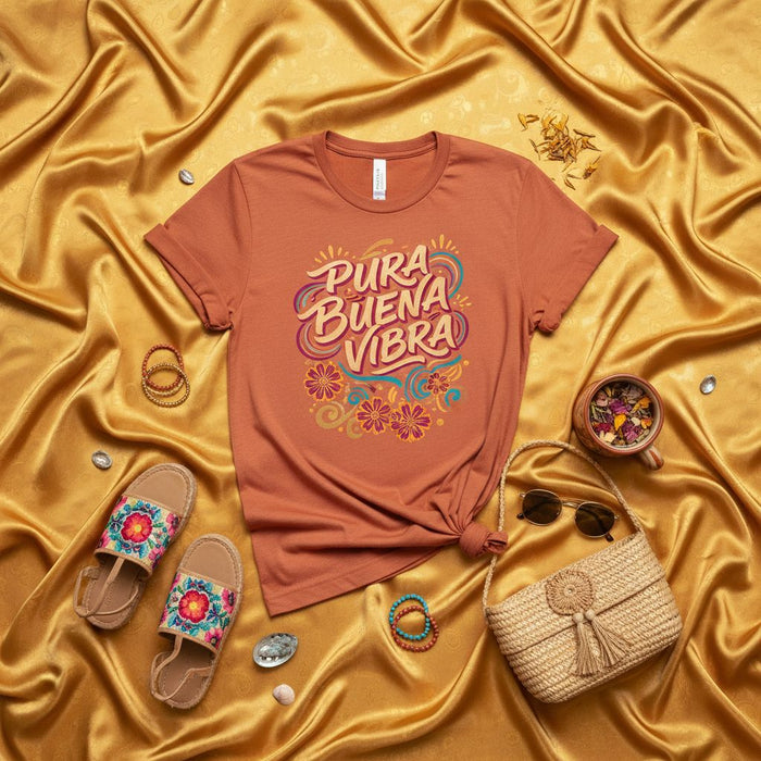 Pura Buena Vibra T-Shirt, Good Vibes Only Tee, Colorful Floral Graphic Shirt, Spanish Phrase Saying Unisex Top, Latina Gift Idea, Positive Energy Apparel