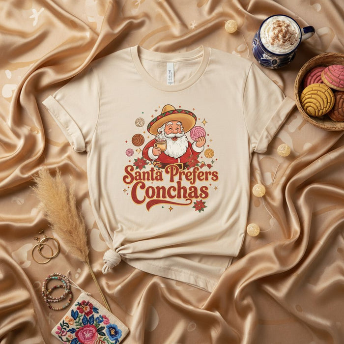 Santa Prefers Conchas T-Shirt, Funny Mexican Santa Sombrero Christmas Shirt, Latino Holiday Fiesta Tee, Concha Lovers Gift, Pan Dulce Sweater Style Top