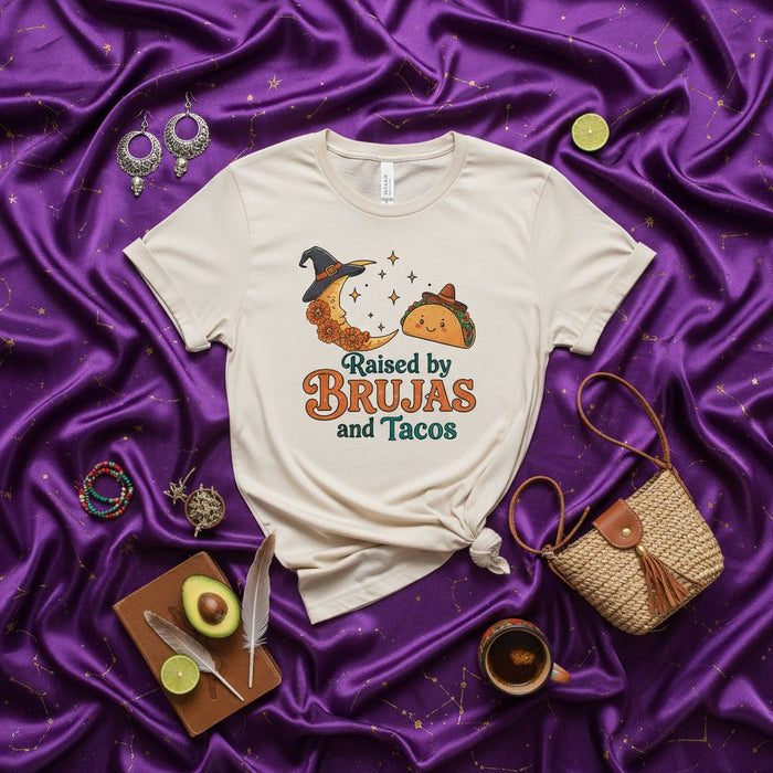 Raised by Brujas and Tacos T-Shirt, Witchy Moon and Cute Taco Graphic Tee, Spooky Season Hispanic Heritage Shirt, Unisex Halloween Costume Top