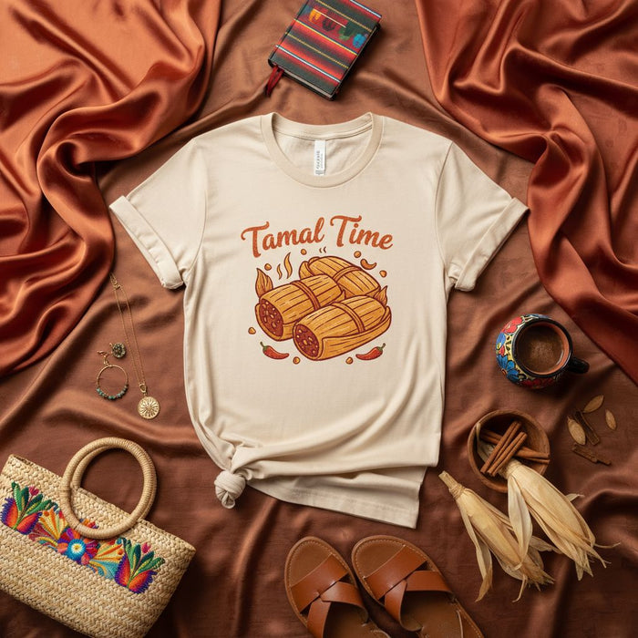 Tamal Time Unisex T-Shirt with Steaming Tamales Graphic, Chili Peppers, Mexican Foodie Apparel, Cozy Fall and Winter Holiday Shirt for Men and Women, Festive Cultural Gift