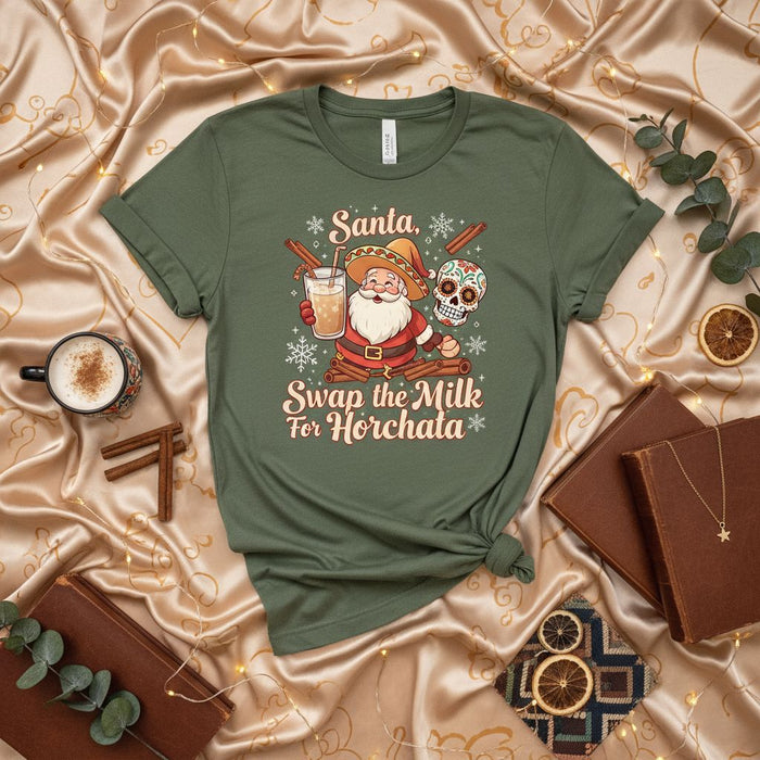 Santa, Swap the Milk For Horchata Christmas T-Shirt, Funny Mexican Santa Hat Sugar Skull Tee, Day of the Dead Holiday Shirt, Unisex Xmas Gift Idea