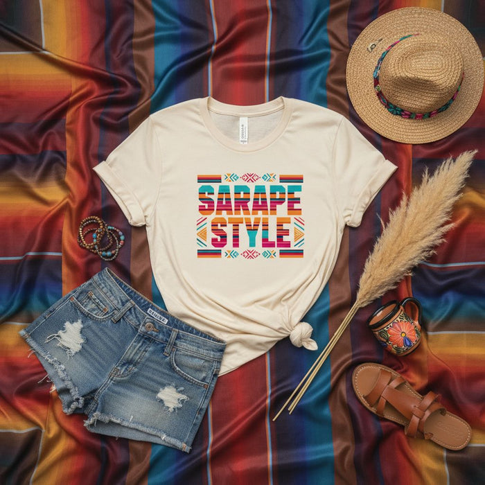 Sarape Style Shirt, Mexican Serape Colors Pattern T-shirt, Fiesta Cinco de Mayo Graphic Tee, Striped Vibrant Tribal Print Unisex Top, Bohemian Western Festival Outfit