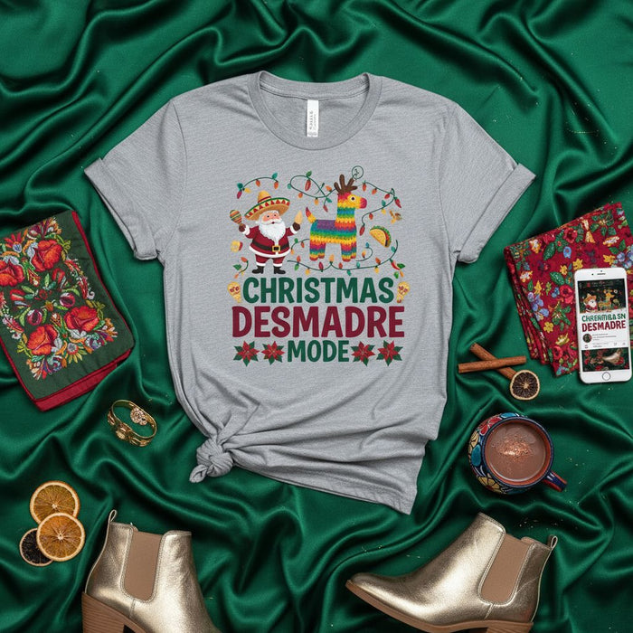 CHRISTMAS DESMADRE MODE T-Shirt with Santa, Piñata, and Reindeer, Funny Hispanic/Mexican-Themed Holiday Tee, Ugly Christmas Fiesta Shirt, Unisex Latinx Gift Idea